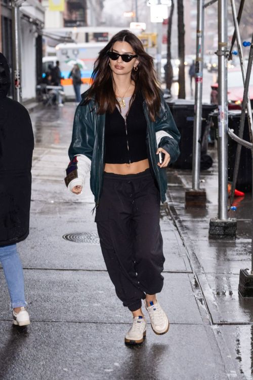 Emily Ratajkowski in leather jacket in NYC