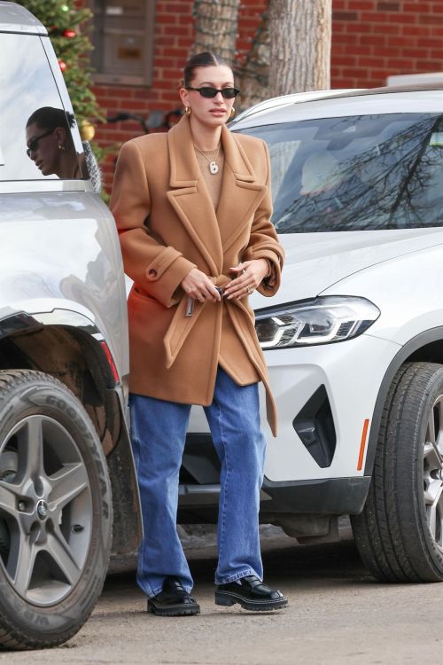 Hailey Bieber in Aspen Breakfast Look: Long Brown Jacket & Denim Style 1