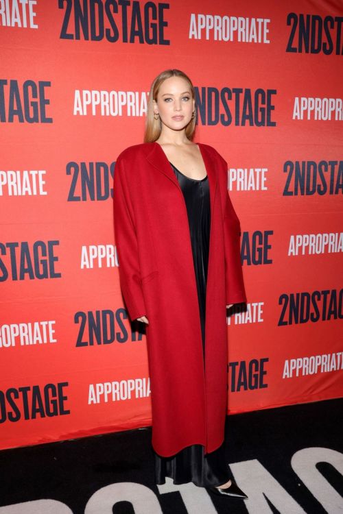 Jennifer Lawrence in Red Overcoat at Appropriate Broadway Opening Night 1