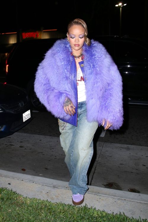 Rihanna in Purple Fur Jacket at Fenty x Puma Sneakers Event