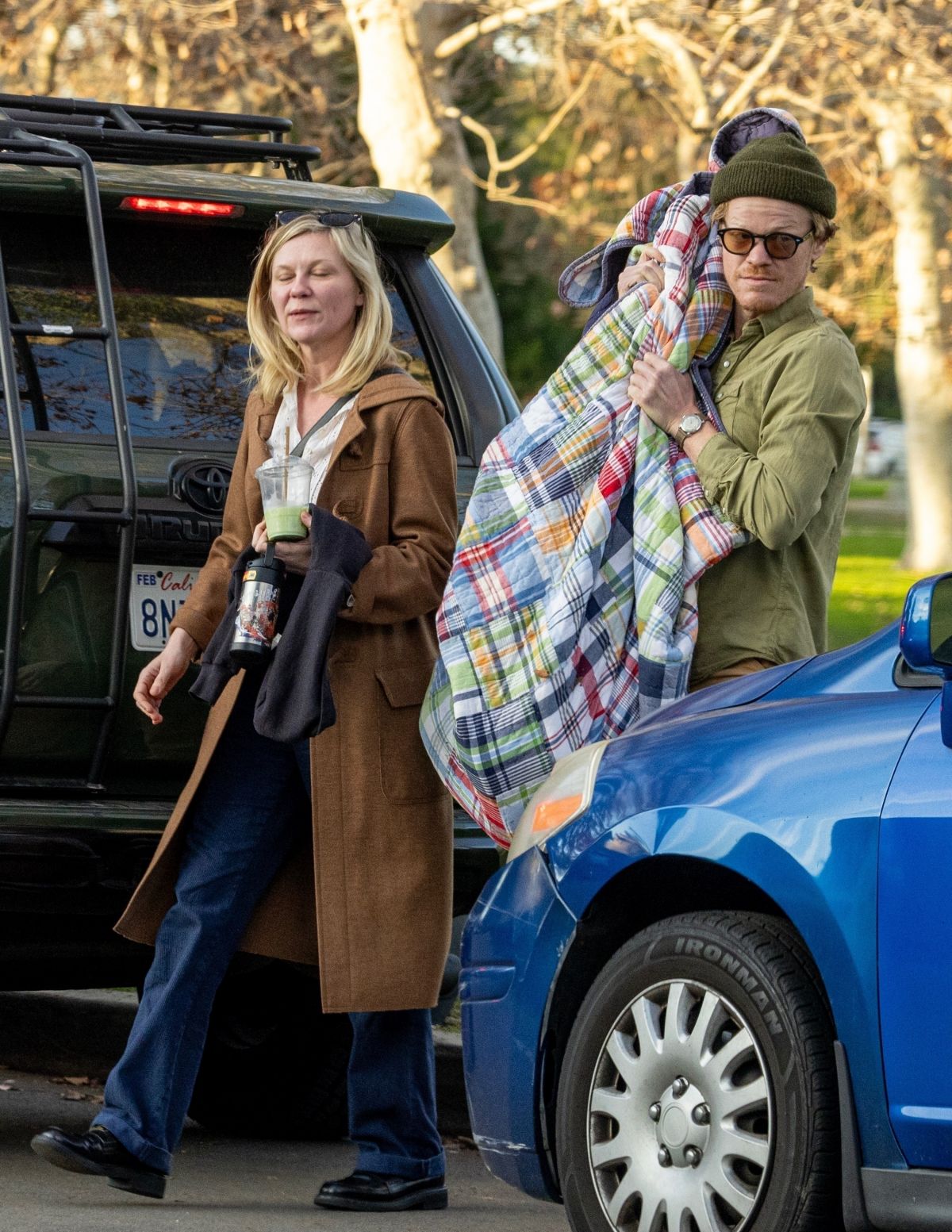 Kirsten Dunst and Jesse Plemons watching their sons play soccer, January 2024