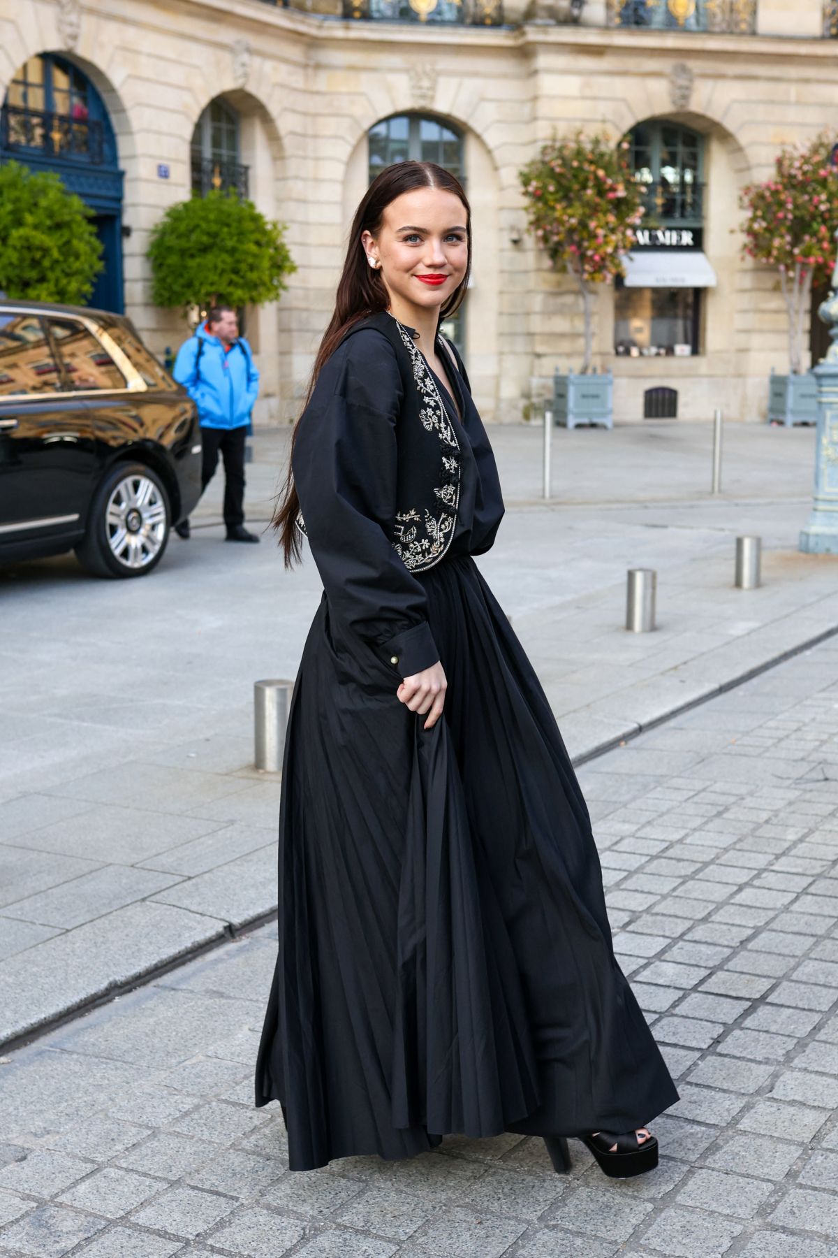 Emma Brooks Leaving Place Vendome Hotel Paris, February 2024