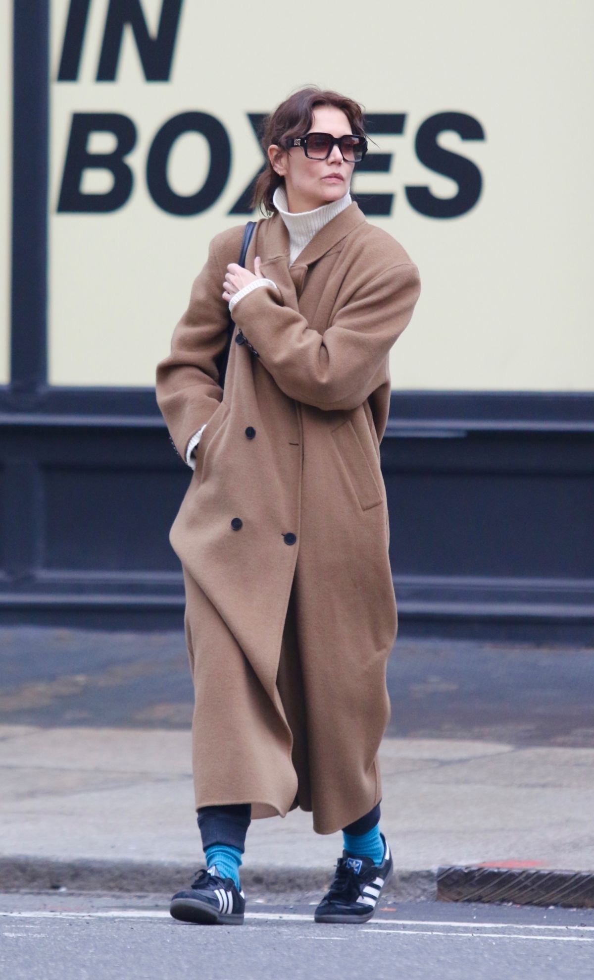 Katie Holmes in Brown Coat in New York, February 2024