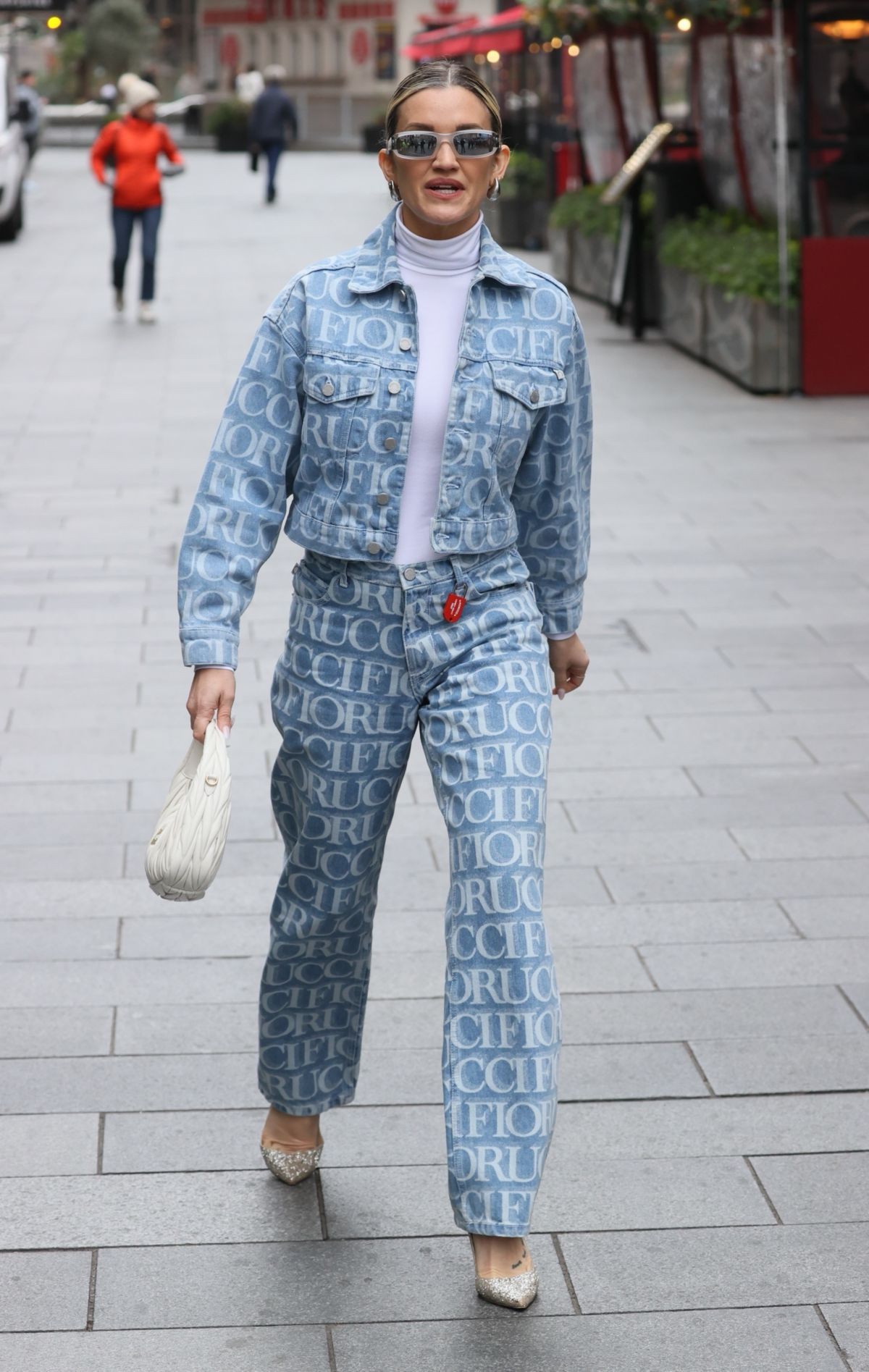 Ashley Roberts in Double Denim Arrives at Heart Radio in London, March 2024