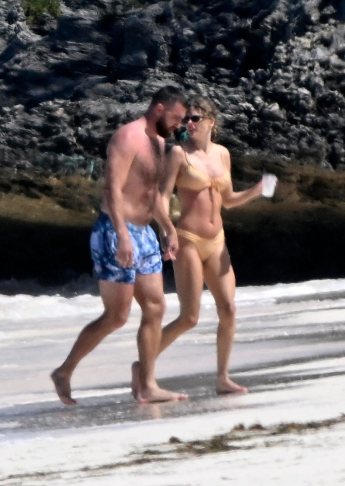 Taylor Swift in Bikini and Travis Kelce at a Beach in Bahamas, March 2024