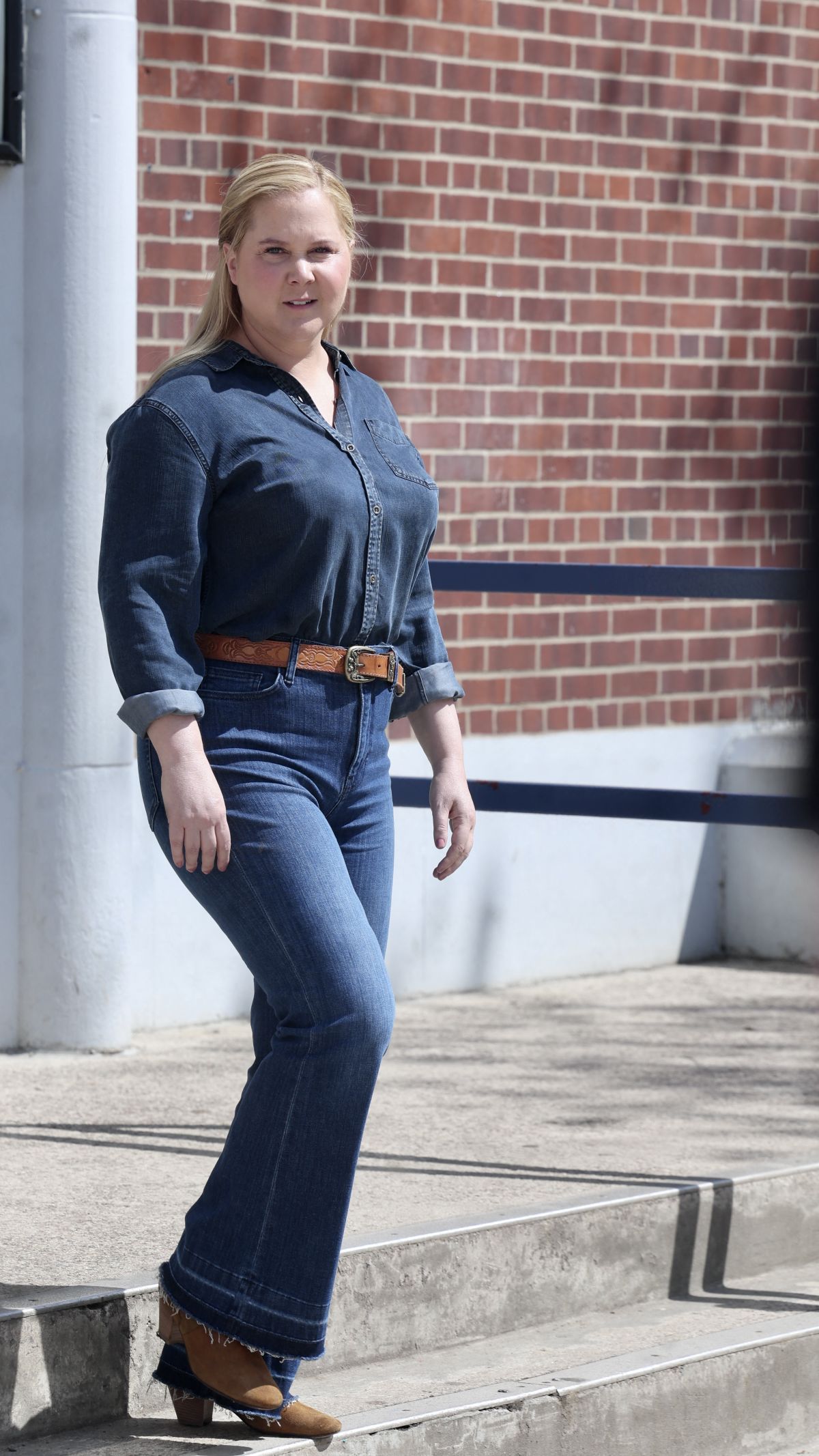 Amy Schumer in Double Denim Filming Alpaca in New York