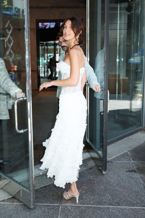 Bella Hadid in White Strapless Lace Dress Out in New York 3