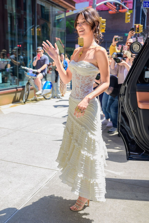 Bella Hadid in White Strapless Lace Dress Out in New York 8