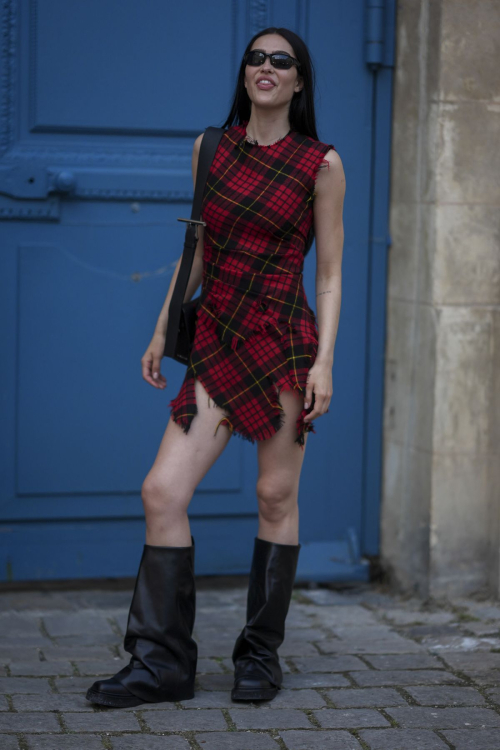 Amelia Hamlin in Red Tartan Dress and Black Boots in Paris