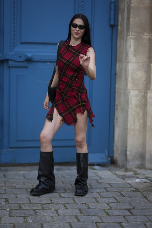 Amelia Hamlin in Red Tartan Dress and Black Boots in Paris 2