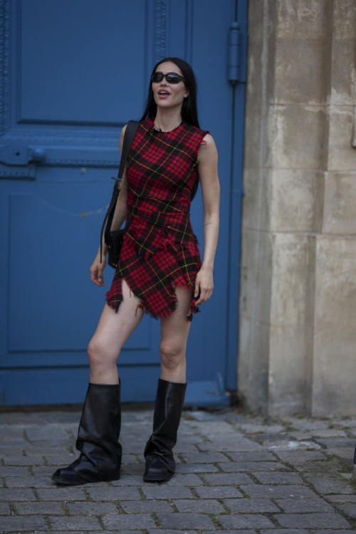 Amelia Hamlin in Red Tartan Dress and Black Boots in Paris 3