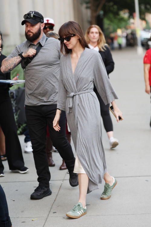 Dakota Johnson in a Robe on the Set of Materialists in New York 1