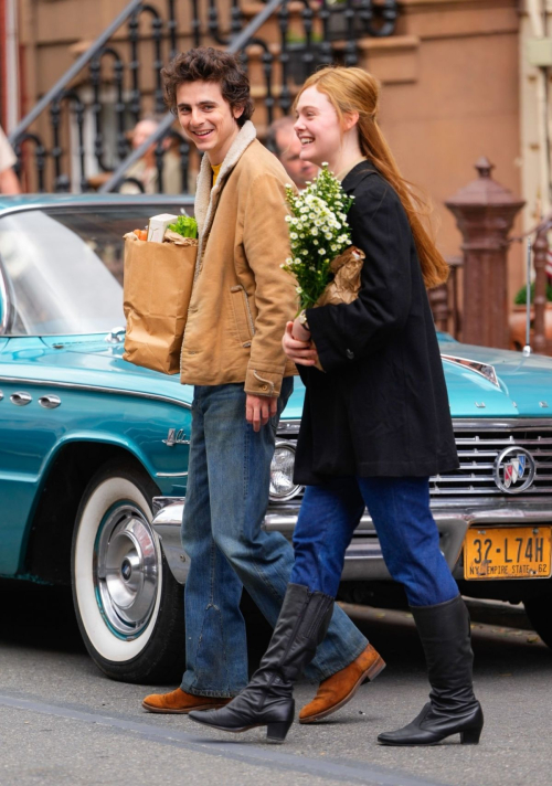 Elle Fanning Timothee Chalamet Set of A Complete Unknown Hoboken