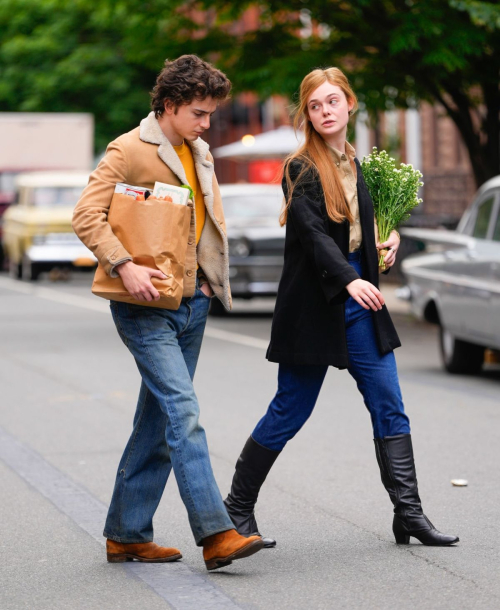 Elle Fanning Timothee Chalamet Set of A Complete Unknown Hoboken 1