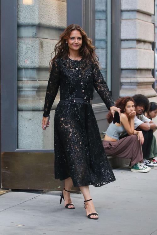 Katie Holmes in a Black Lace Dress Out in New York