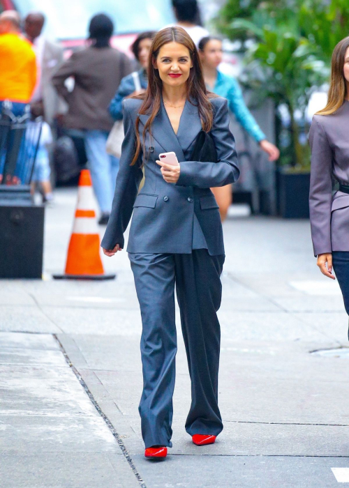 Katie Holmes Stylish Pantsuit Red Heels Meeting Friend New York 3