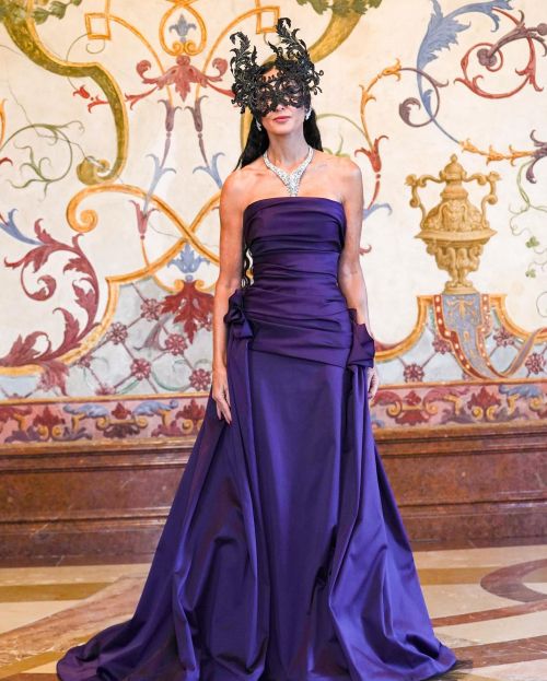 Demi Moore wears Mask and Purple Gown Dress at Cartier Jewelry Gala Event, June 2024 1