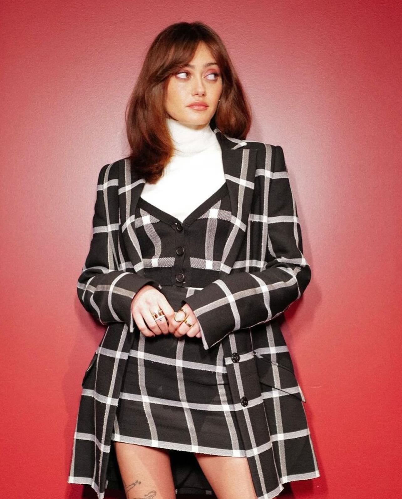 Ella Purnell pose in Black Checked Short Dress Photoshoot, May 2024