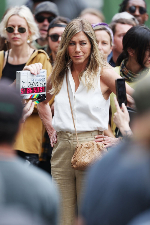 Jennifer Aniston Filming a Protest Scene for The Morning Show in Flatiron New York