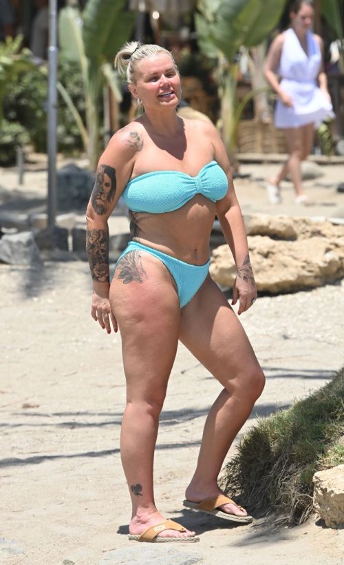 Kerry Katona in Turquoise Color Bikini and Ryan Mahoney at a Beach in Marbella, July 2024