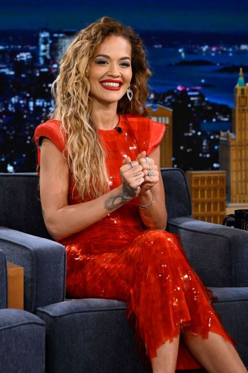 Rita Ora wears a Red Dress at The Tonight Show Starring Jimmy Fallon in New York City, July 2024