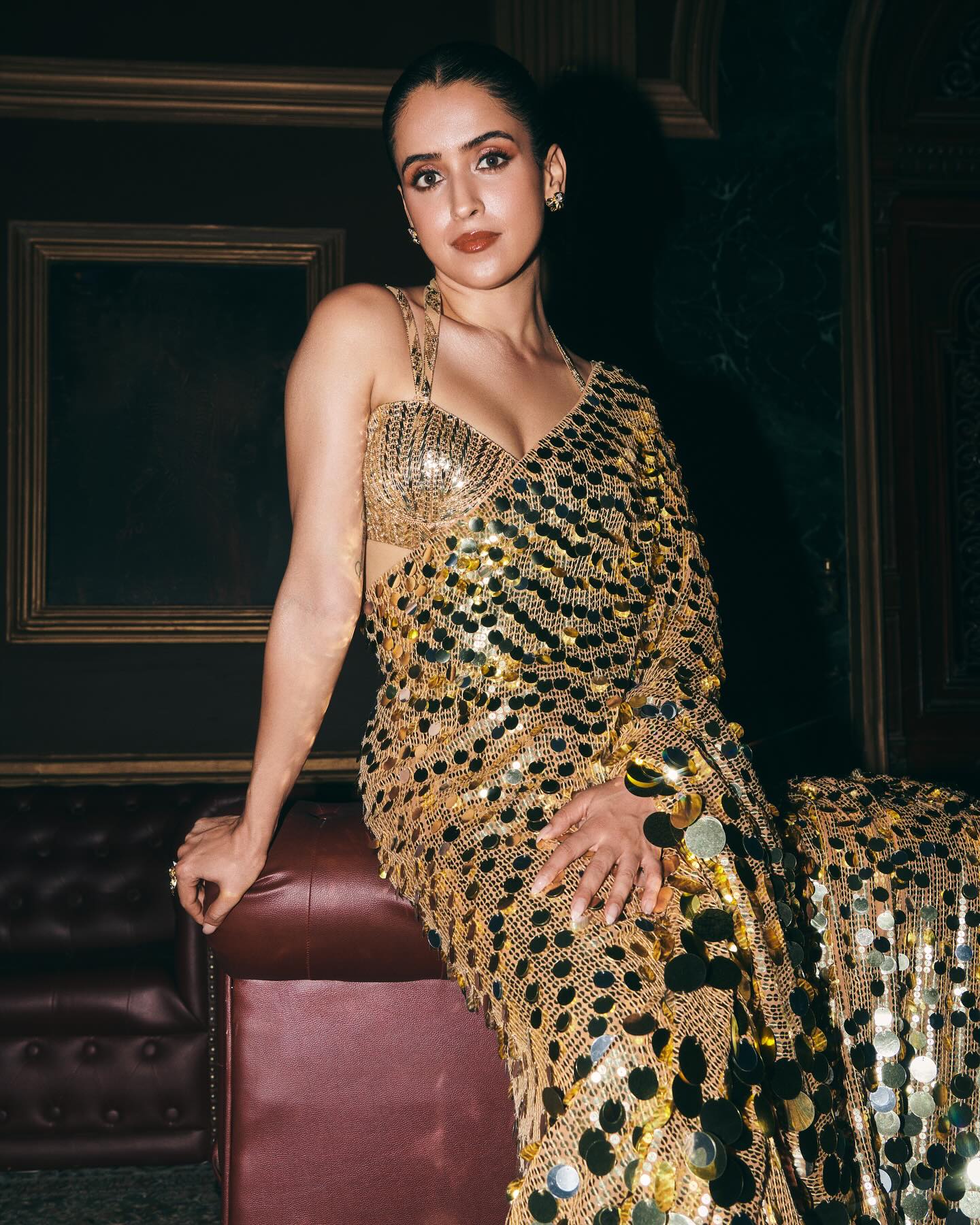 Sanya Malhotra Wears Manish Malhotra Golden Color Saree in Photoshoot, July 2024