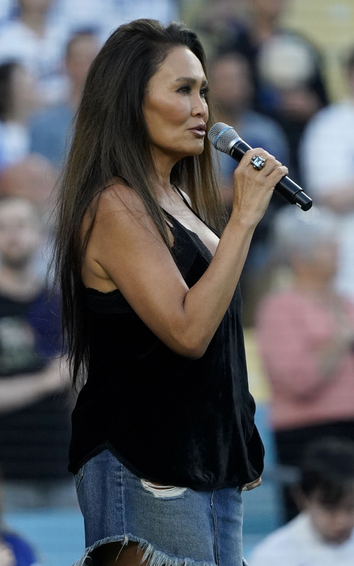 Tia Carrere Sings National Anthem at Los Angeles Dodgers vs Baltimore Orioles Game at Dodger Stadium