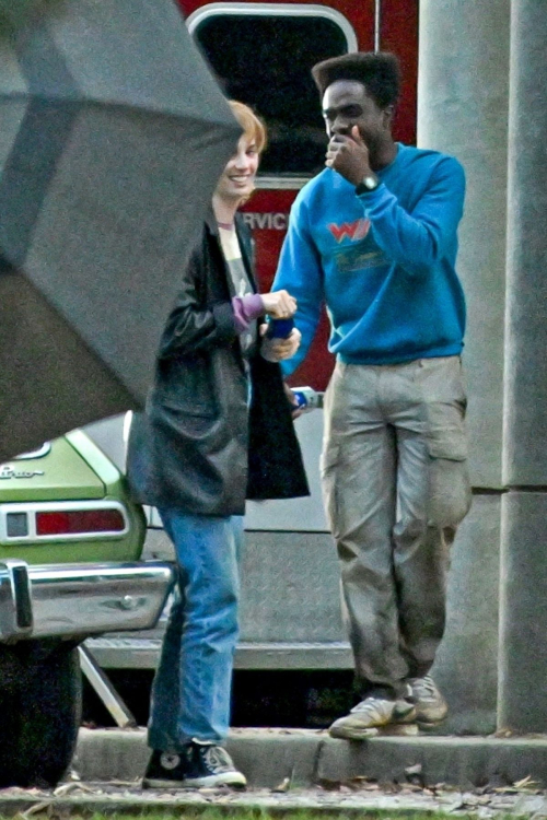 Maya Hawke and Caleb McLaughlin on the Set of Stranger Things 4