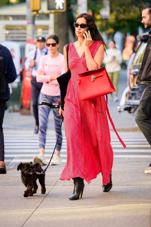 Irina Shayk in Red Dress Out with Dog in New York, October 2024 2