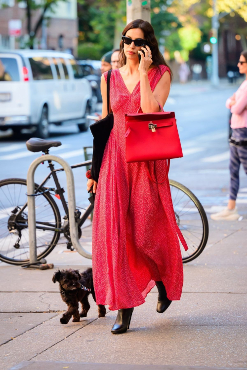 Irina Shayk in Red Dress Out with Dog in New York, October 2024 4