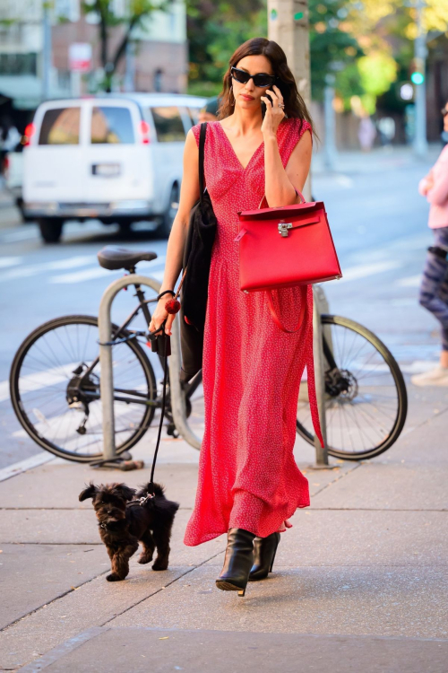 Irina Shayk in Red Dress Out with Dog in New York, October 2024 5