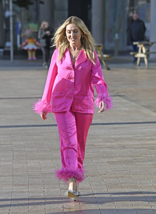 Perrie Edwards in Pink Pyjama Set Out in Manchester, October 2024 2