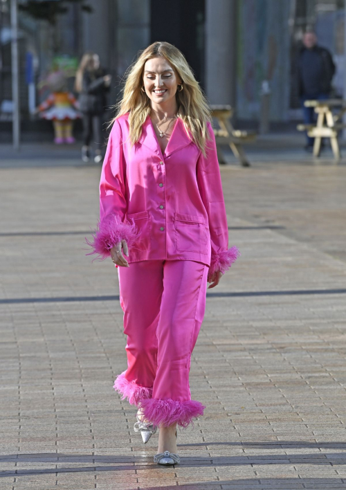 Perrie Edwards in Pink Pyjama Set Out in Manchester, October 2024 4