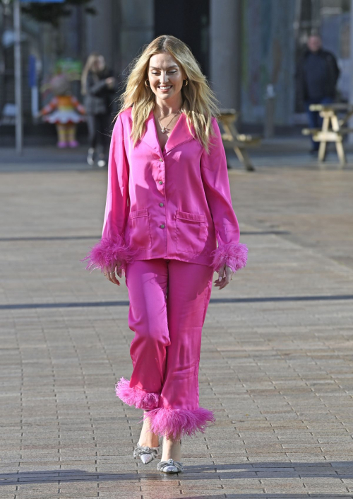 Perrie Edwards in Pink Pyjama Set Out in Manchester, October 2024 6