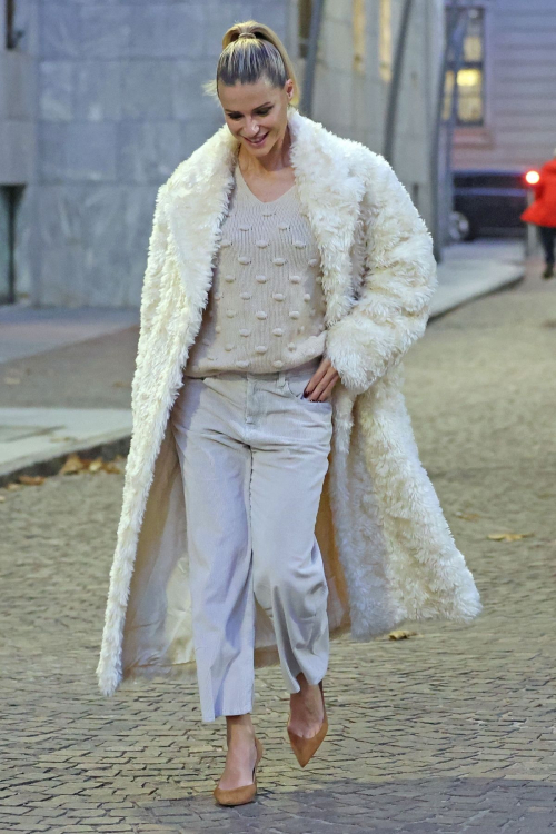 Michelle Hunziker in White Fake Fur Coat, Milan, November 2024 1