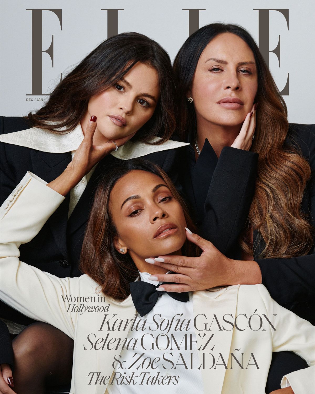 Selena Gomez, Zoe Saldana and Karla Sofia Gascon for Elle, Dec 2024/Jan 2025