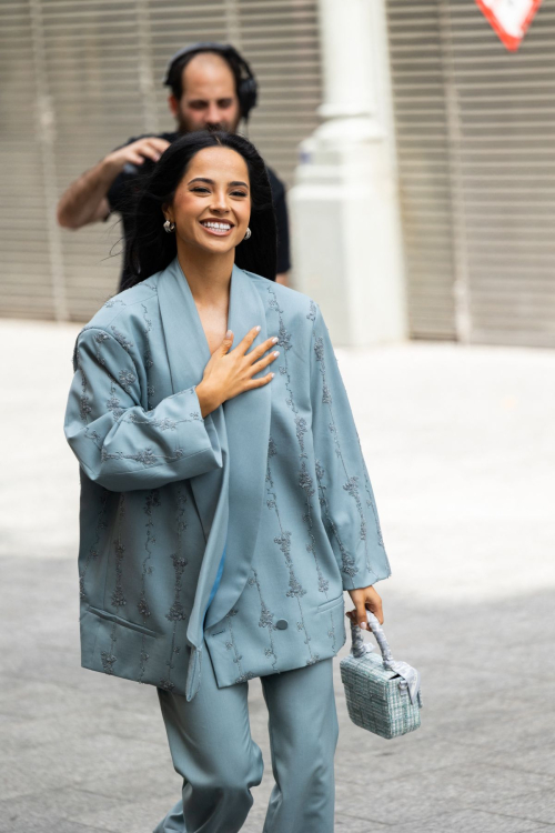Becky G Turns Heads in Blue Embroidered Suit in Paris, June 2025 2