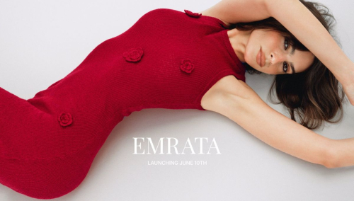 Close-up of Emily Ratajkowski in red bodycon dress with rose appliques, EmRata logo visible