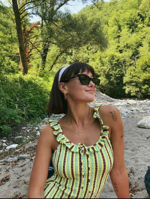 Ella Purnell Beach Style in Striped Swimsuit, July 2025 3