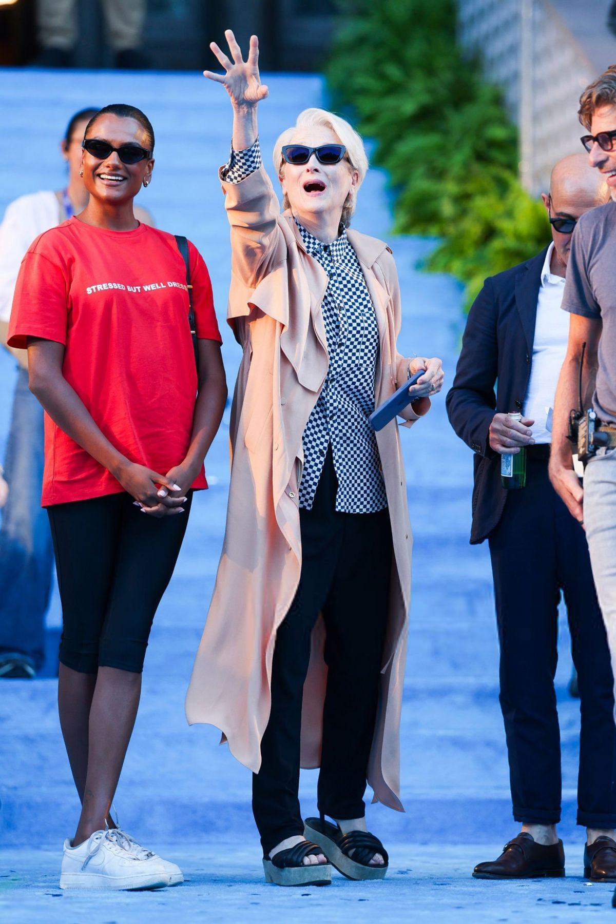 Simone Ashley and Meryl Streep on set in NYC, August 2025