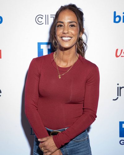 Alice Belaidi styled with simple gold necklace and hoop earrings