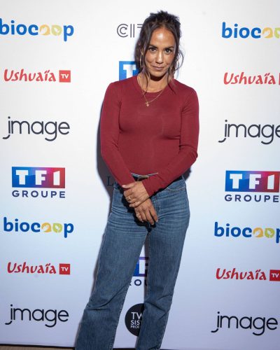 Alice Belaidi styled with gold necklace and hoop earrings