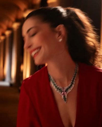 Anne Hathaway red dress with dramatic sleeves