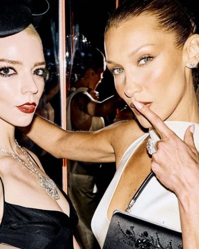 Anya Taylor-Joy black dress with sheer details and eye-catching necklace