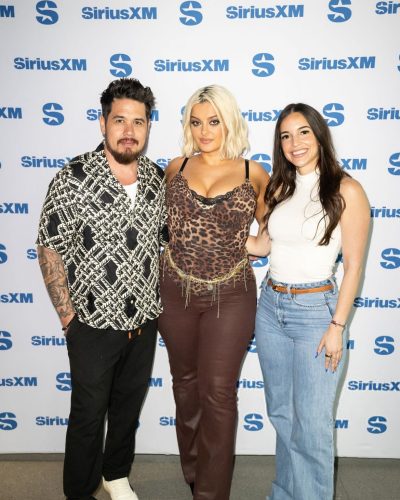 Bebe Rexha leopard print top with lace trim and brown pants