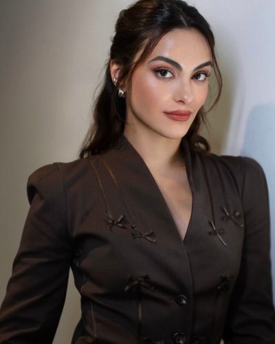 Camila Mendes sleek pencil skirt in deep brown color