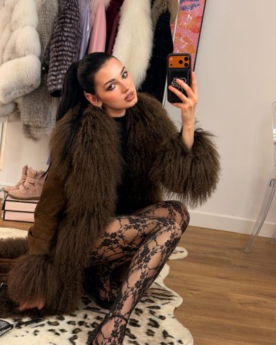 Daria Zaritskaya in luxurious brown faux fur coat and lace details.
