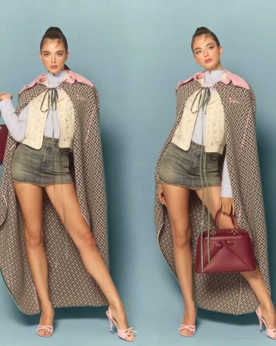 Deva Cassel in trendy floral jumpsuit with bold prints.