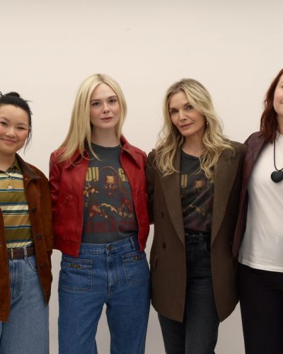 Elle Fanning in relaxed style with red leather jacket