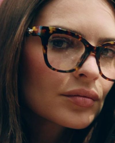 Emily Ratajkowski in pastel dress with striking accessories